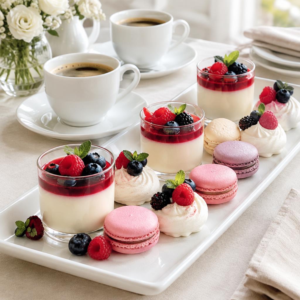 Przykładowe desery panna cotta, makaroniki i bezy